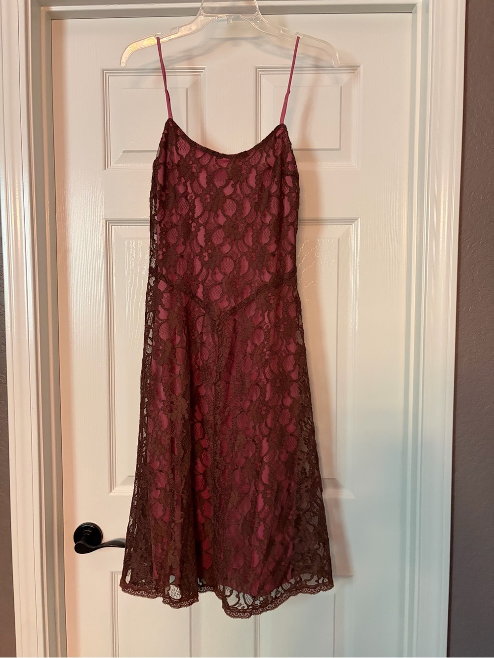 Vintage Betsey Johnson Blush Pink Brown Lined Lace Spaghetti Strap Midi Dress